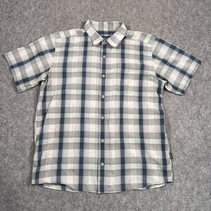 Patagonia Navy‎ Blue White Plaid Short Sleeve Fuzzman Shirt Men's Size Medium